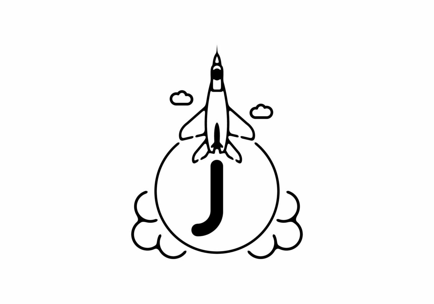 Black line art of J initial letter with flying jet vector