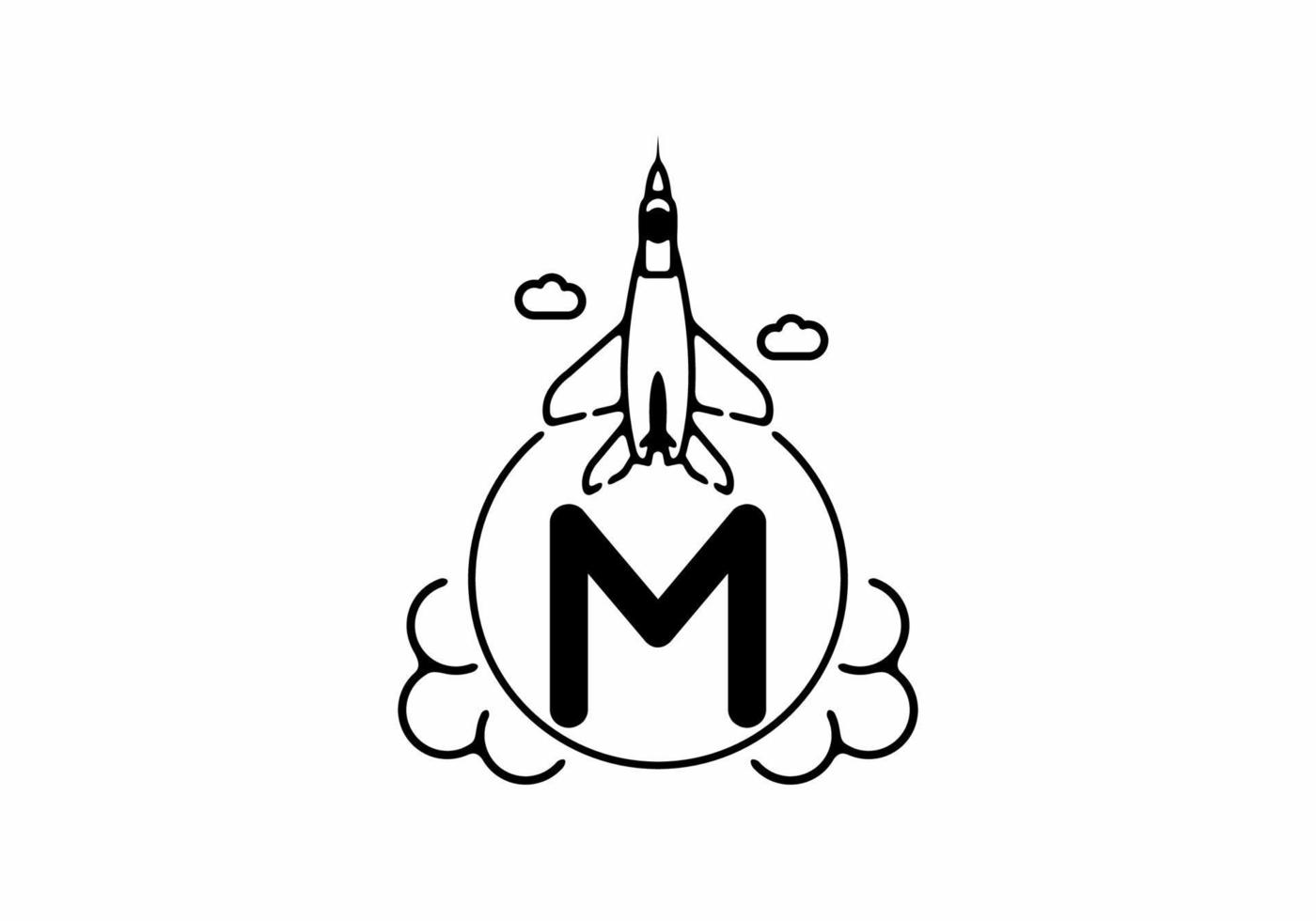 Black line art of M initial letter with flying jet vector