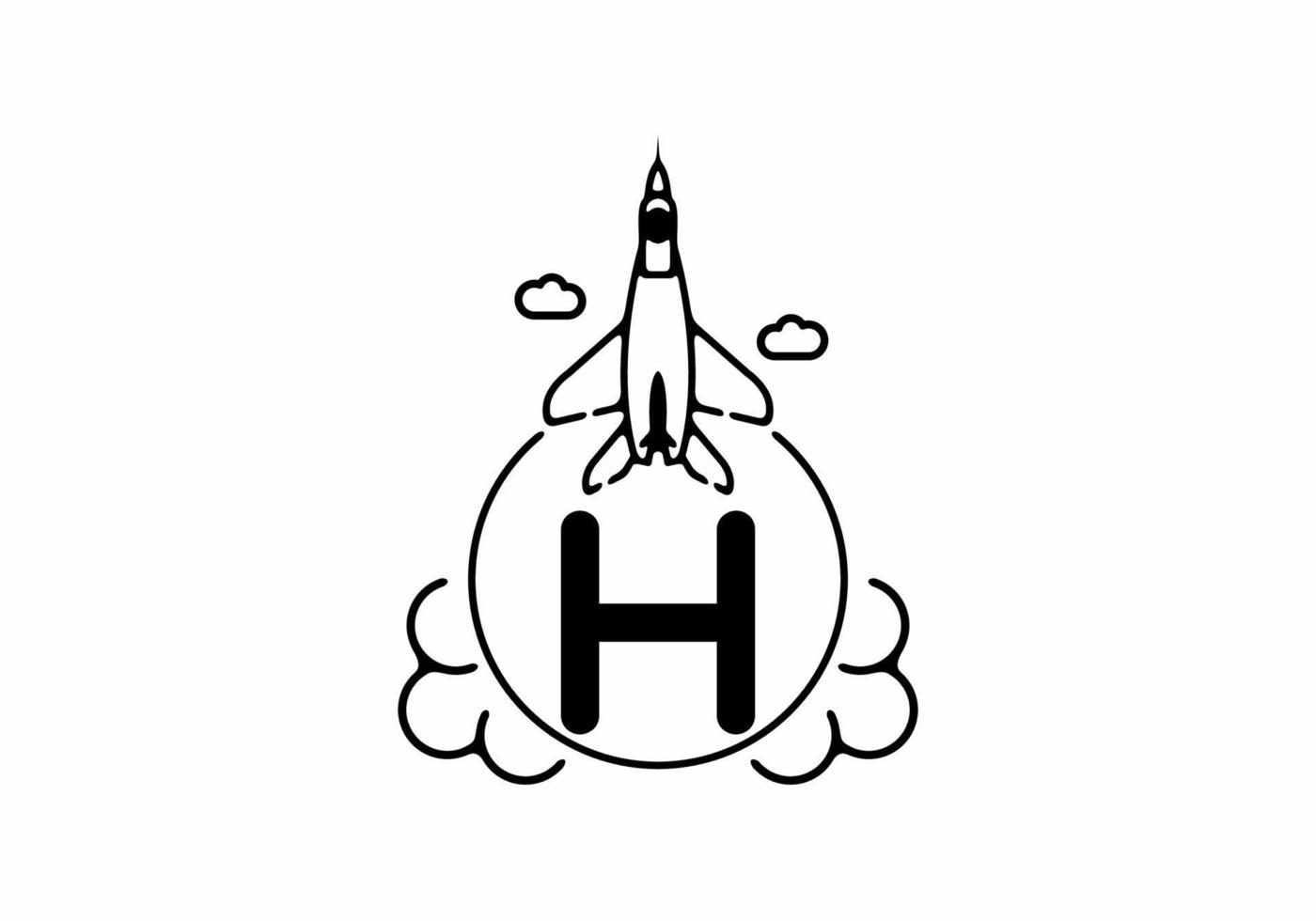 Black line art of H initial letter with flying jet vector