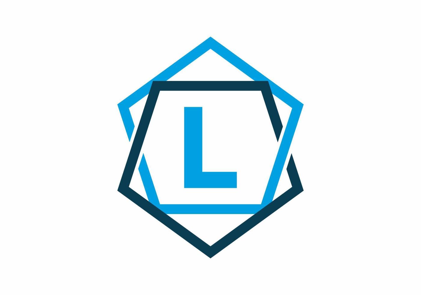 Blue color of initial letter L in pentagon frame vector