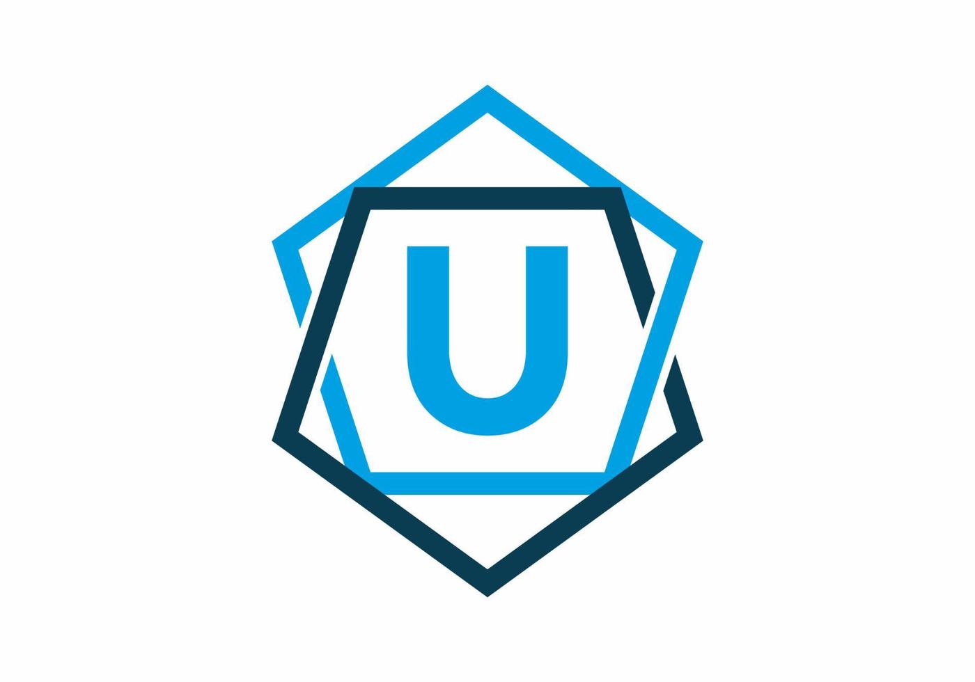 Blue color of initial letter U in pentagon frame vector