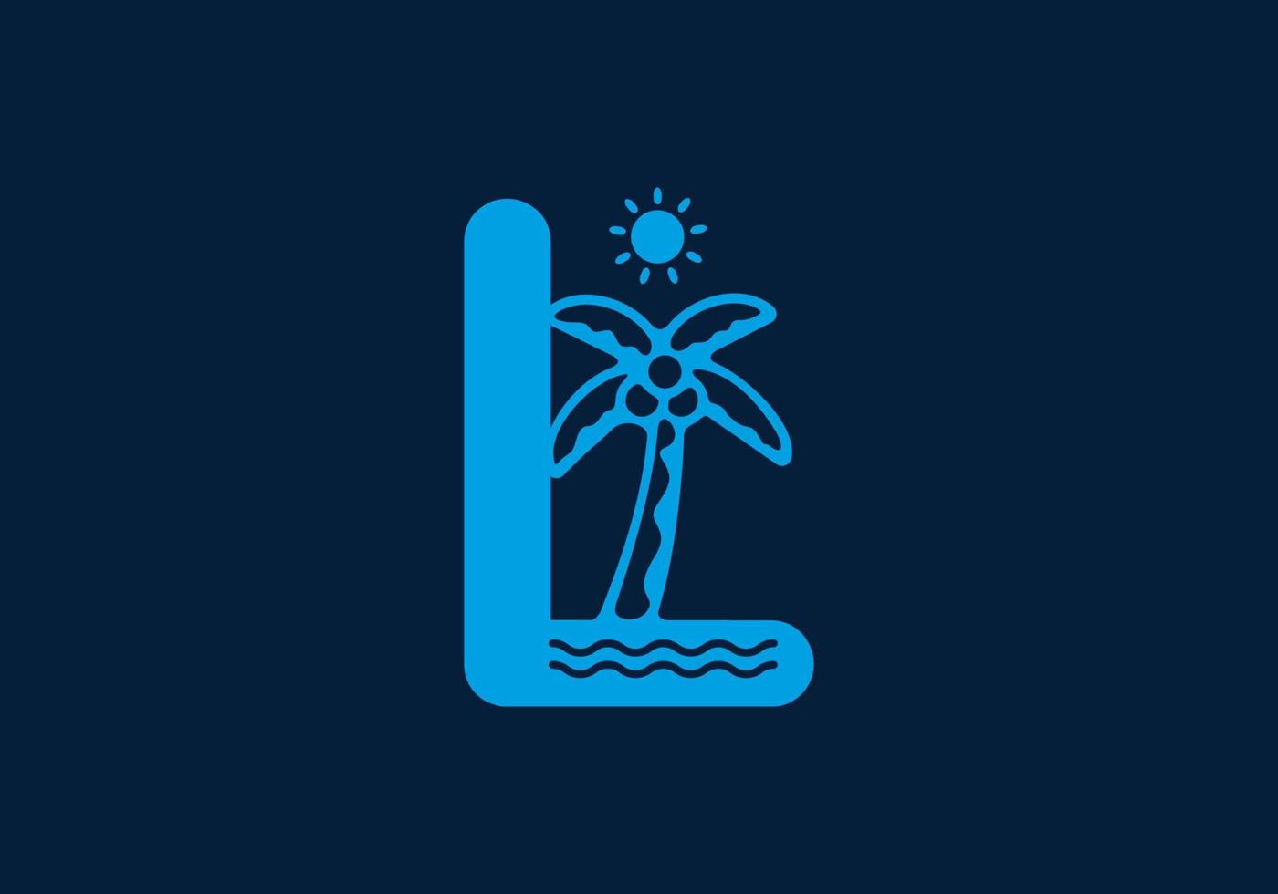 Blue color of L initial letter with coconut tree and sun vector