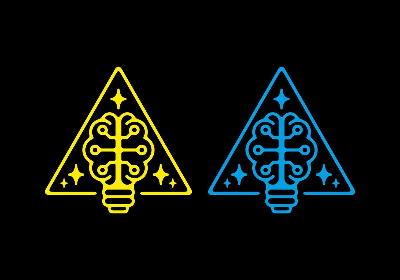 Blue and yellow illustration of bulb brain in dark background vector