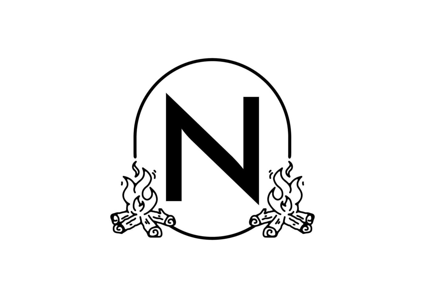 Black line art of bonfire with N initial letter vector