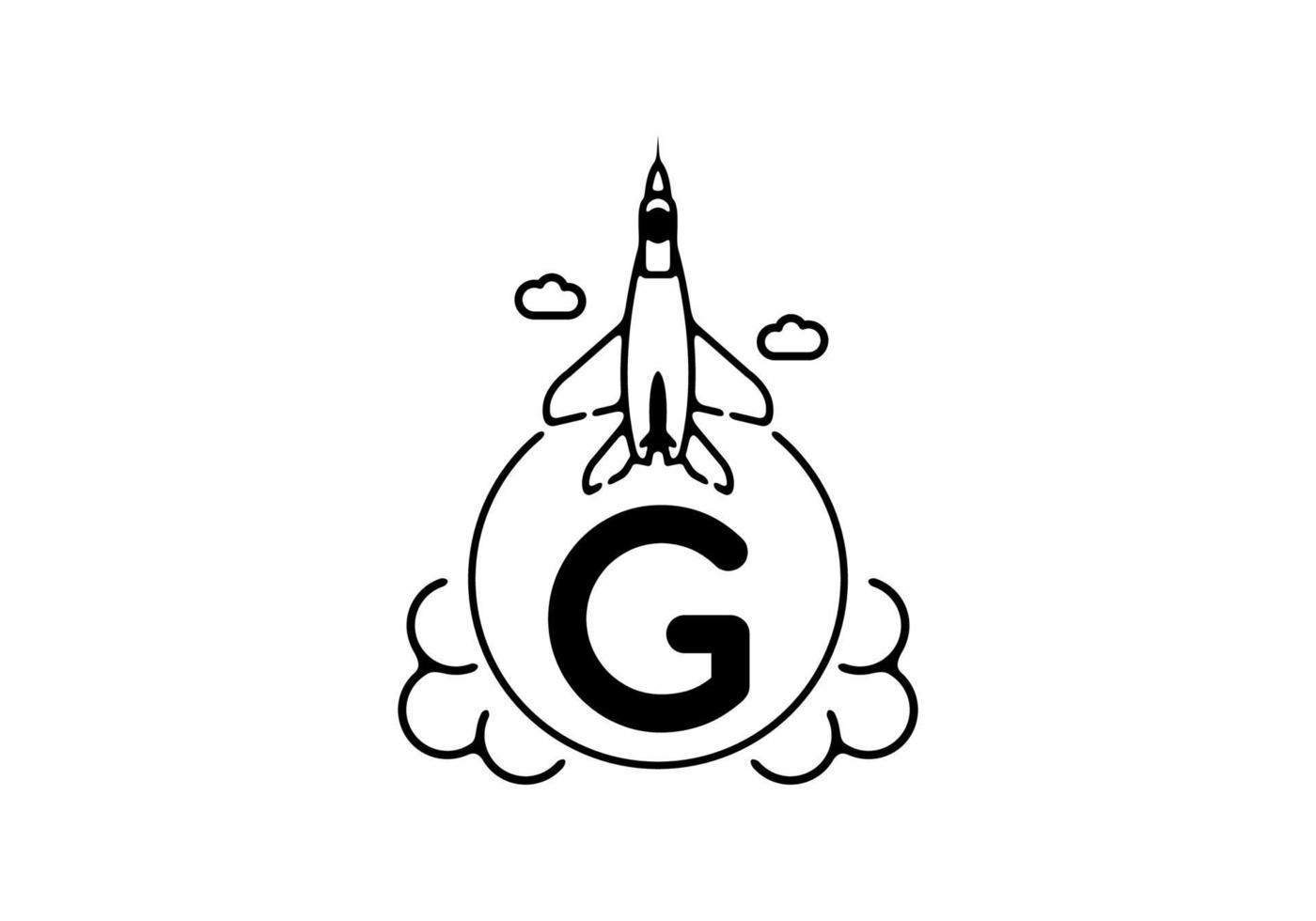 Black line art of G initial letter with flying jet vector