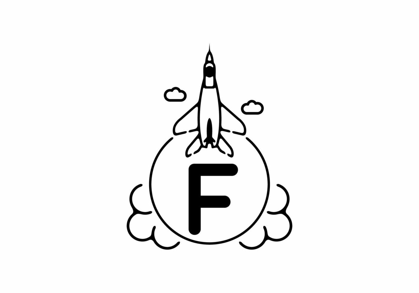 Black line art of F initial letter with flying jet vector