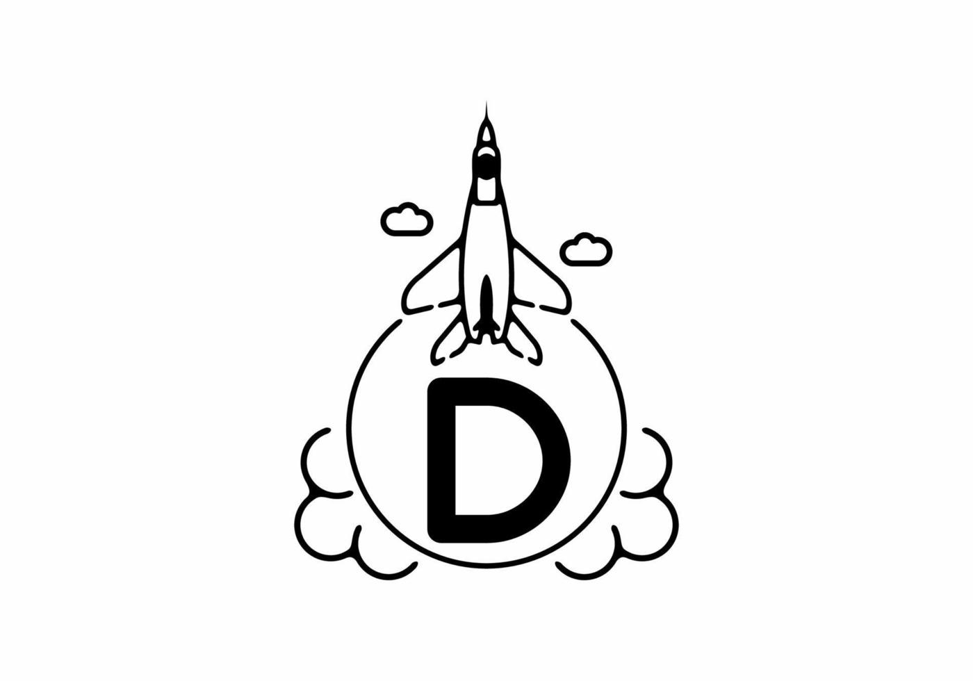 Black line art of D initial letter with flying jet vector