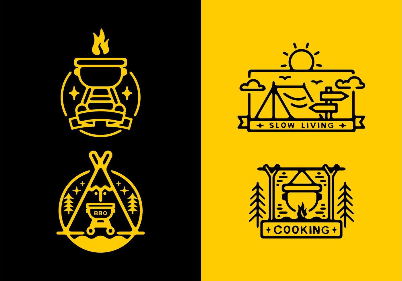 Black yellow flat badge illustration of camping vector