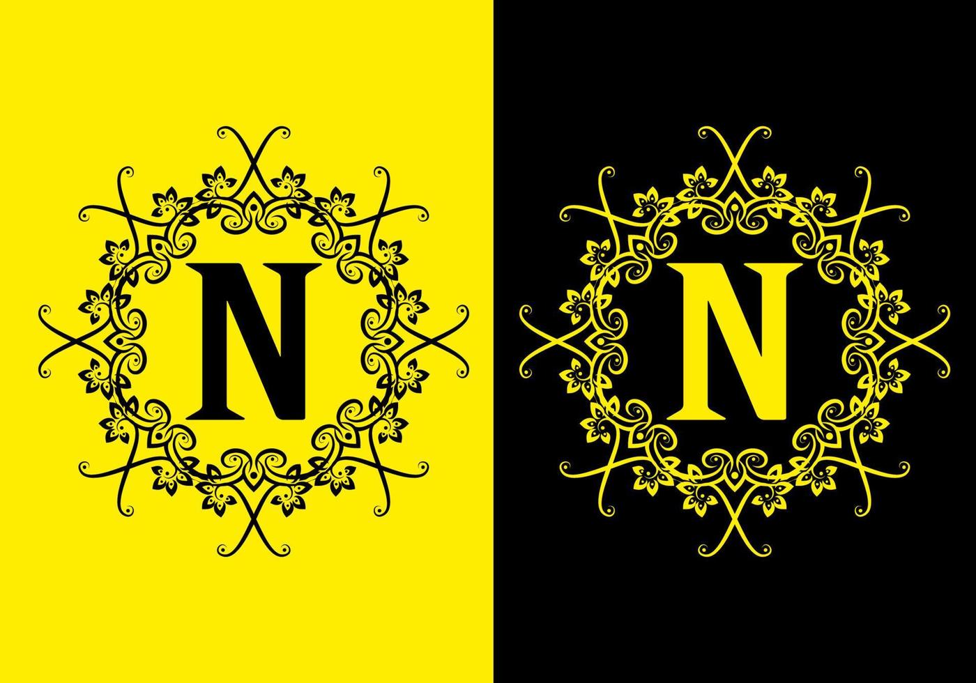 Black yellow of N initial letter in vintage flower frame vector