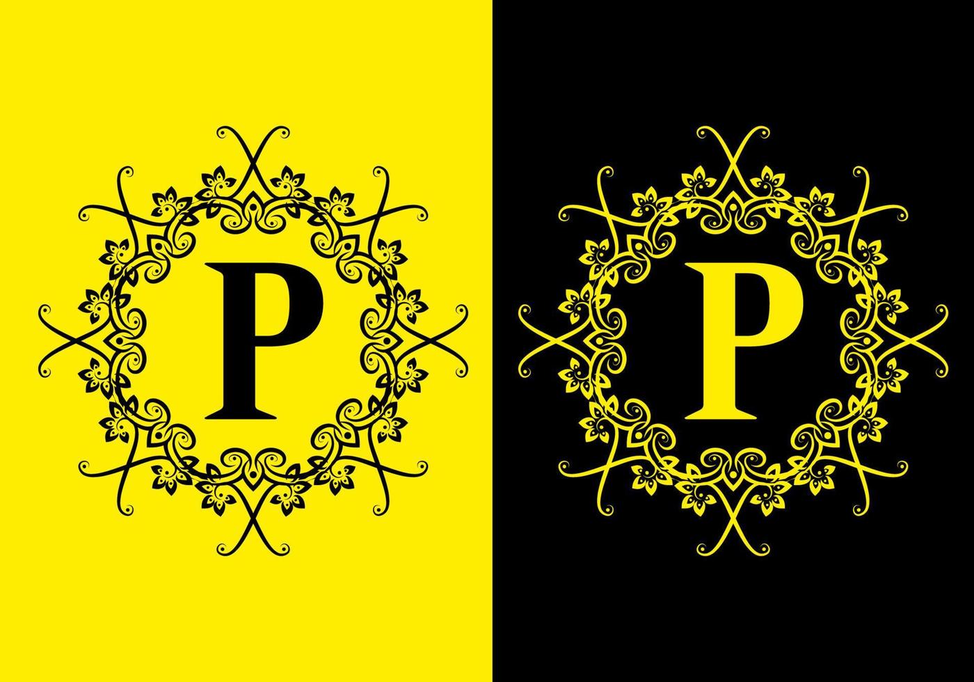 Black yellow of P initial letter in classic frame vector