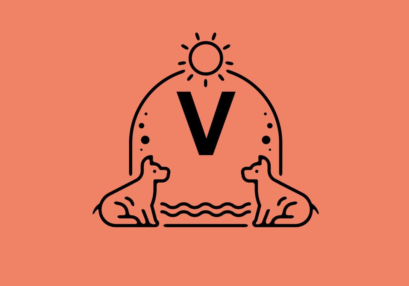 Black line art illustration of V initial letter in dog pet frame vector