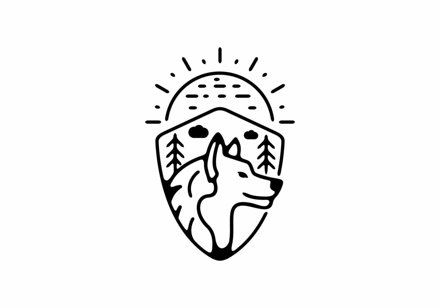 Black line art illustration of wild wolf in shield shape vector