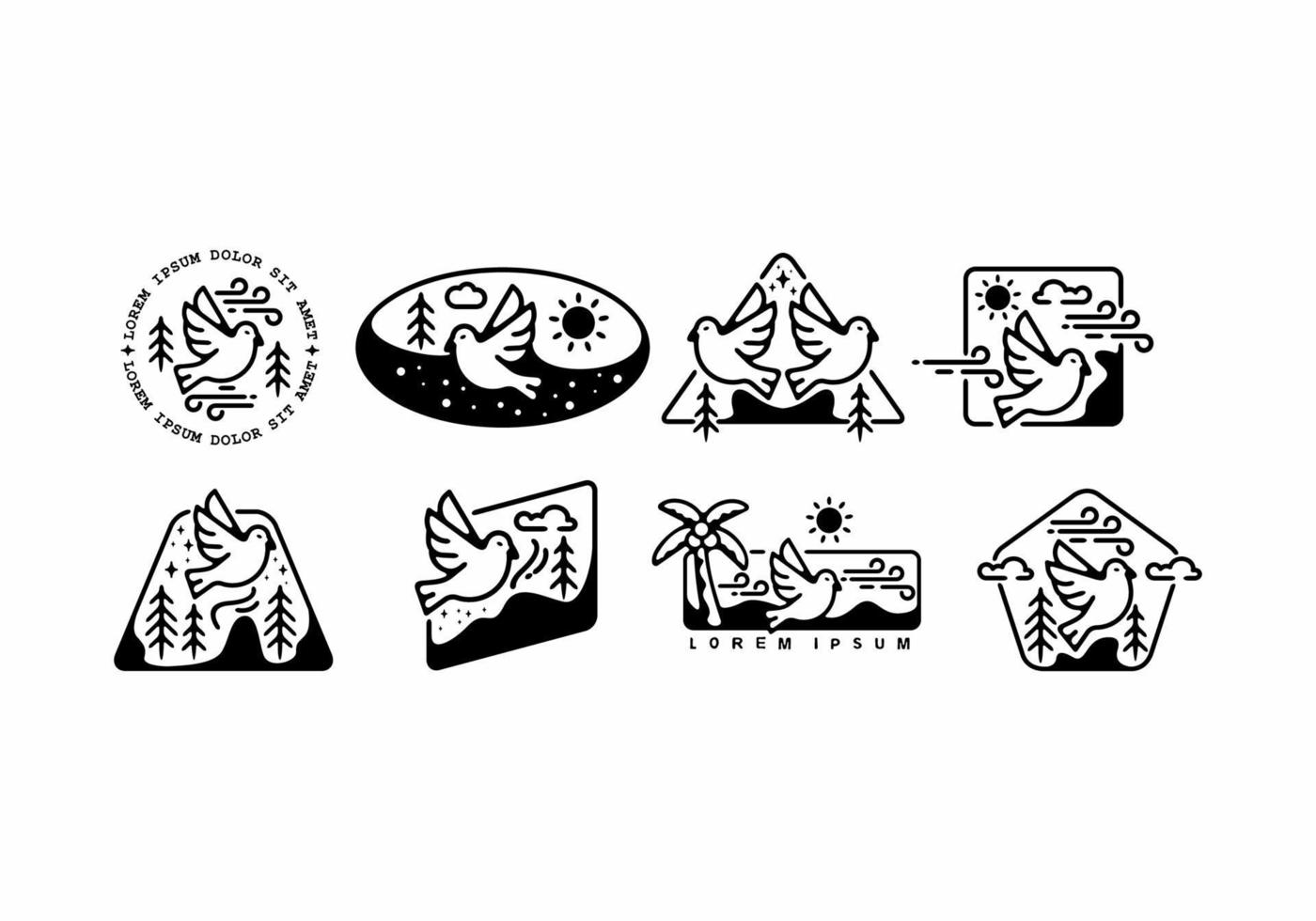 Black line art of bird badge set vector