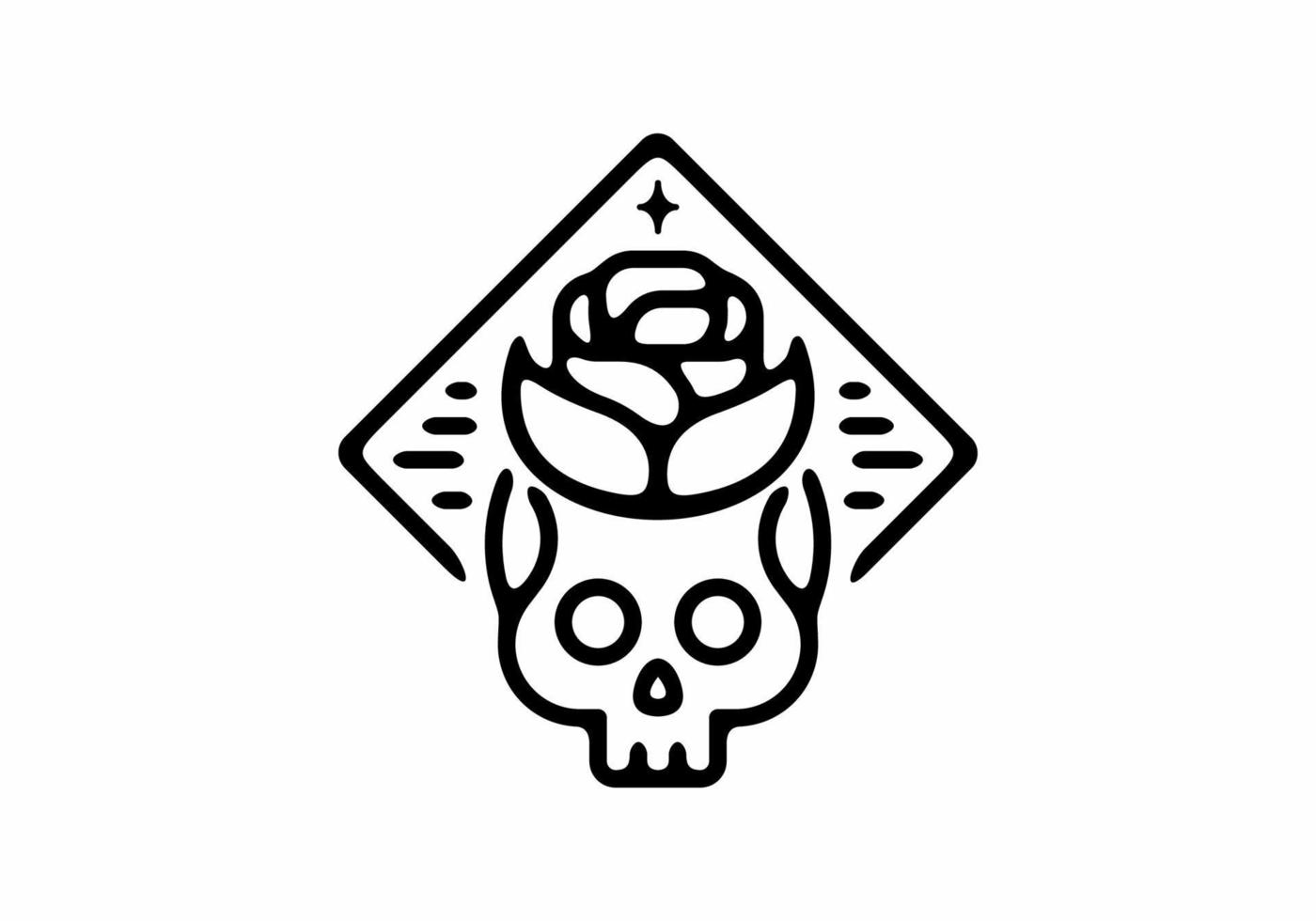 Black line art of skeleton head with rose flower vector