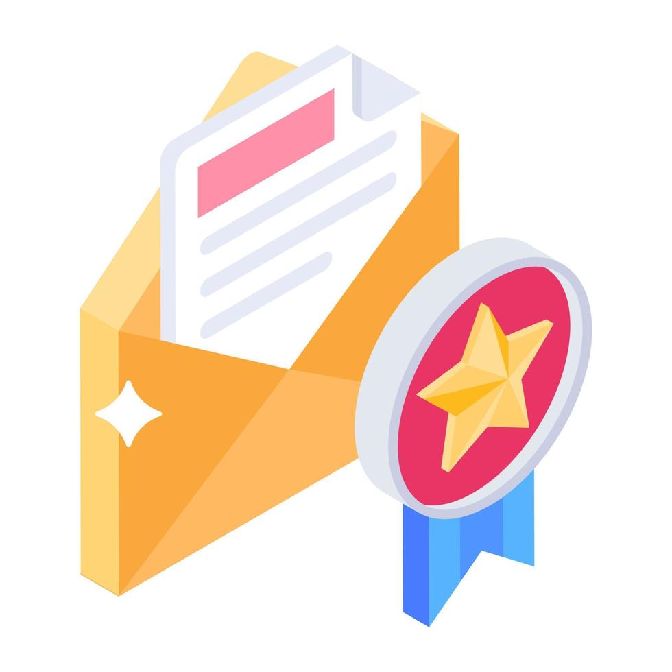 Envelope with star badge, reward mail icon vector