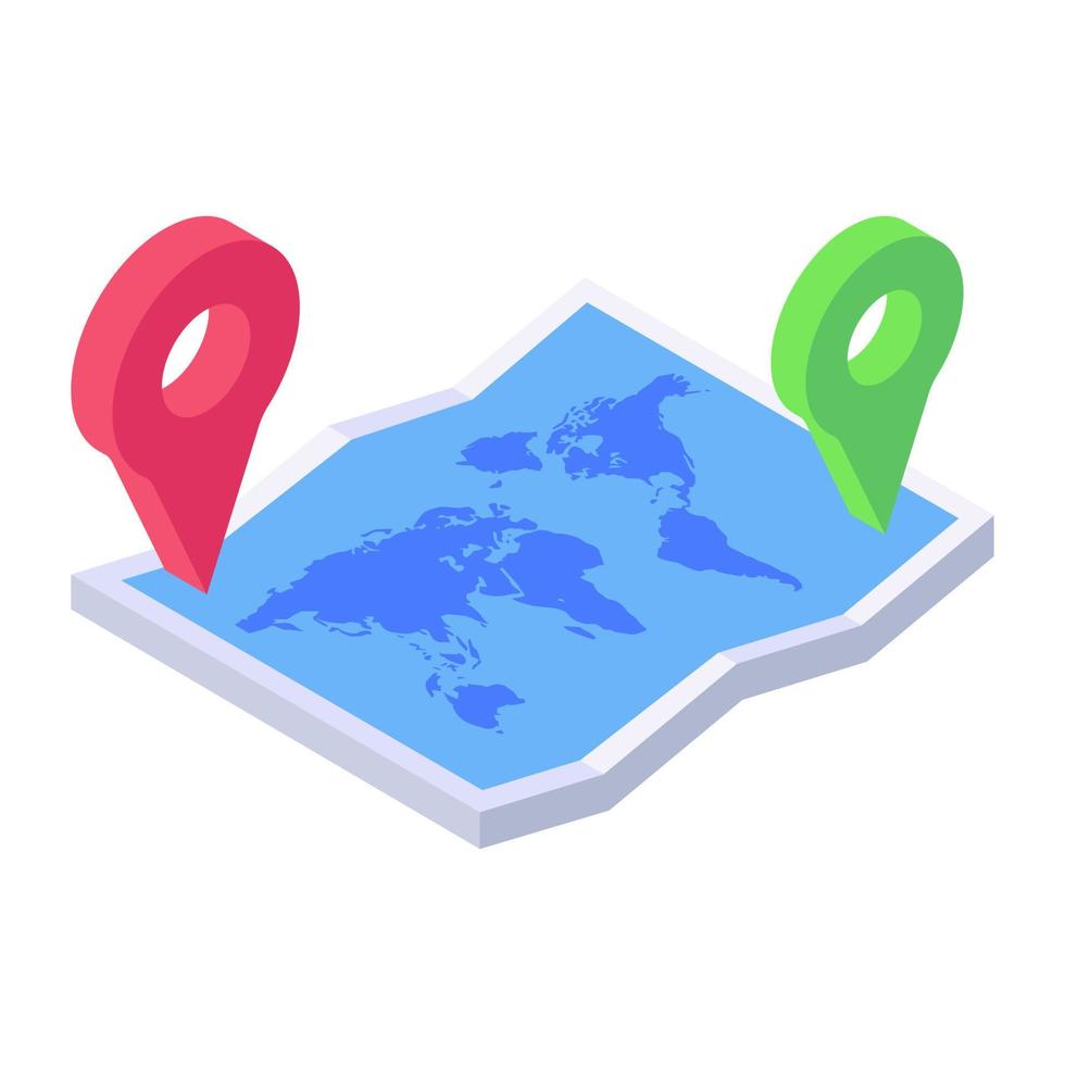 A paper map locations with guided route, isometric icon design vector