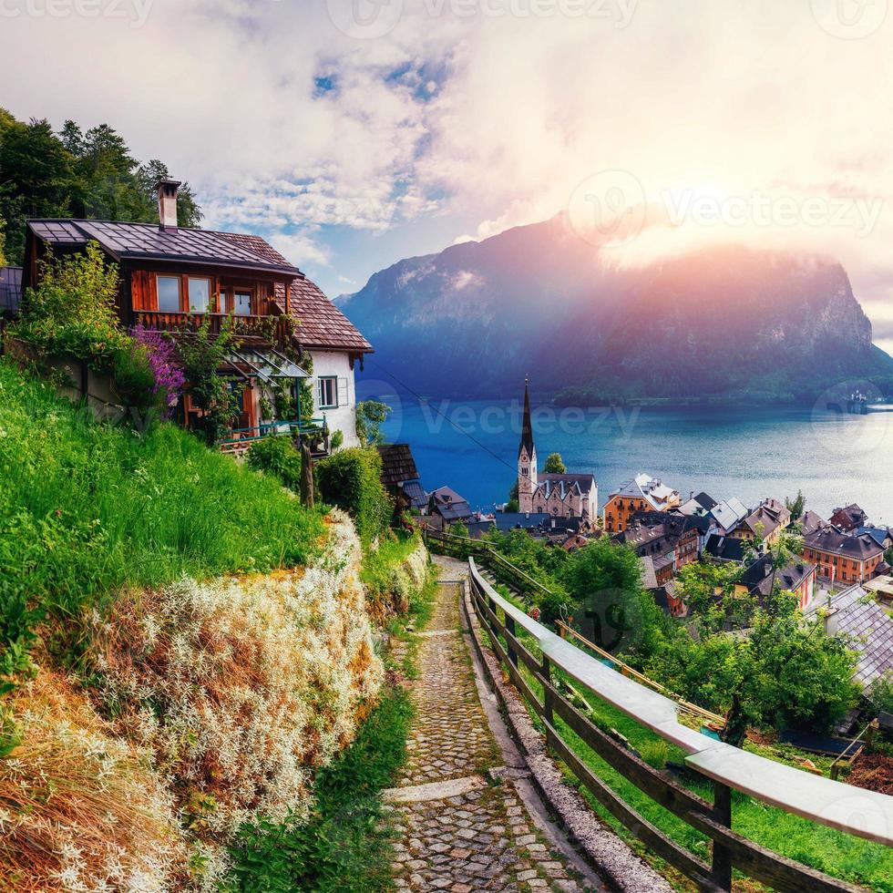 Beautiful city between mountains. Hallstatt Austria. Europe photo