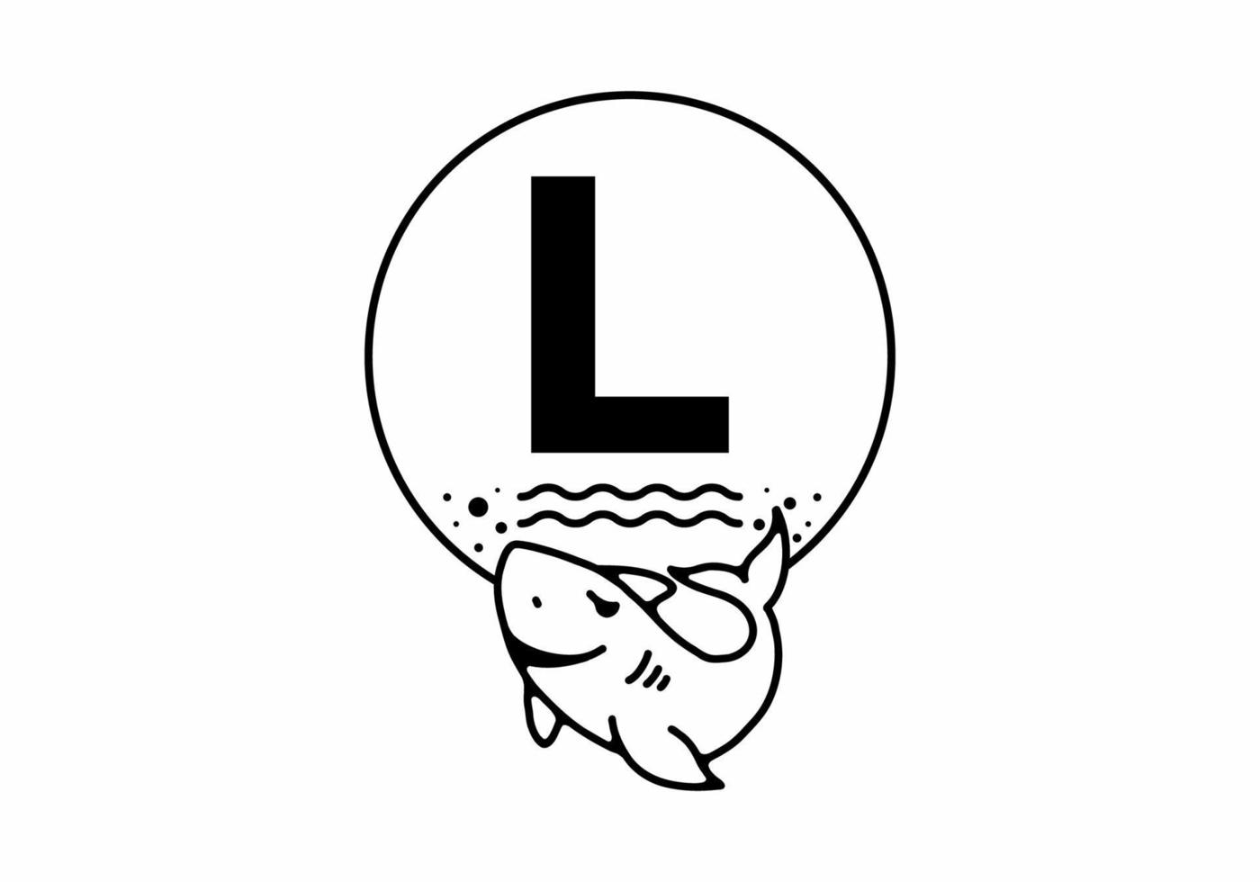 Black line art illustration of shark with L initial letter vector