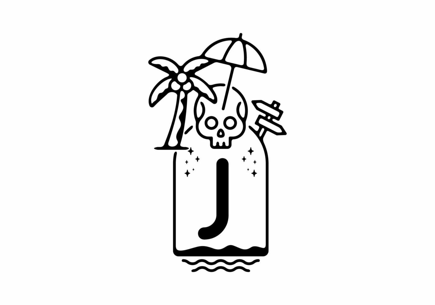 Black line art illustration of skull beach with J initial letter vector