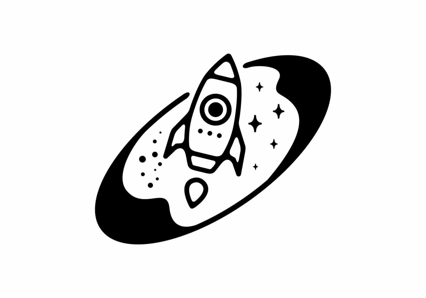 Black line art illustration of rocket in tilted oval shape vector