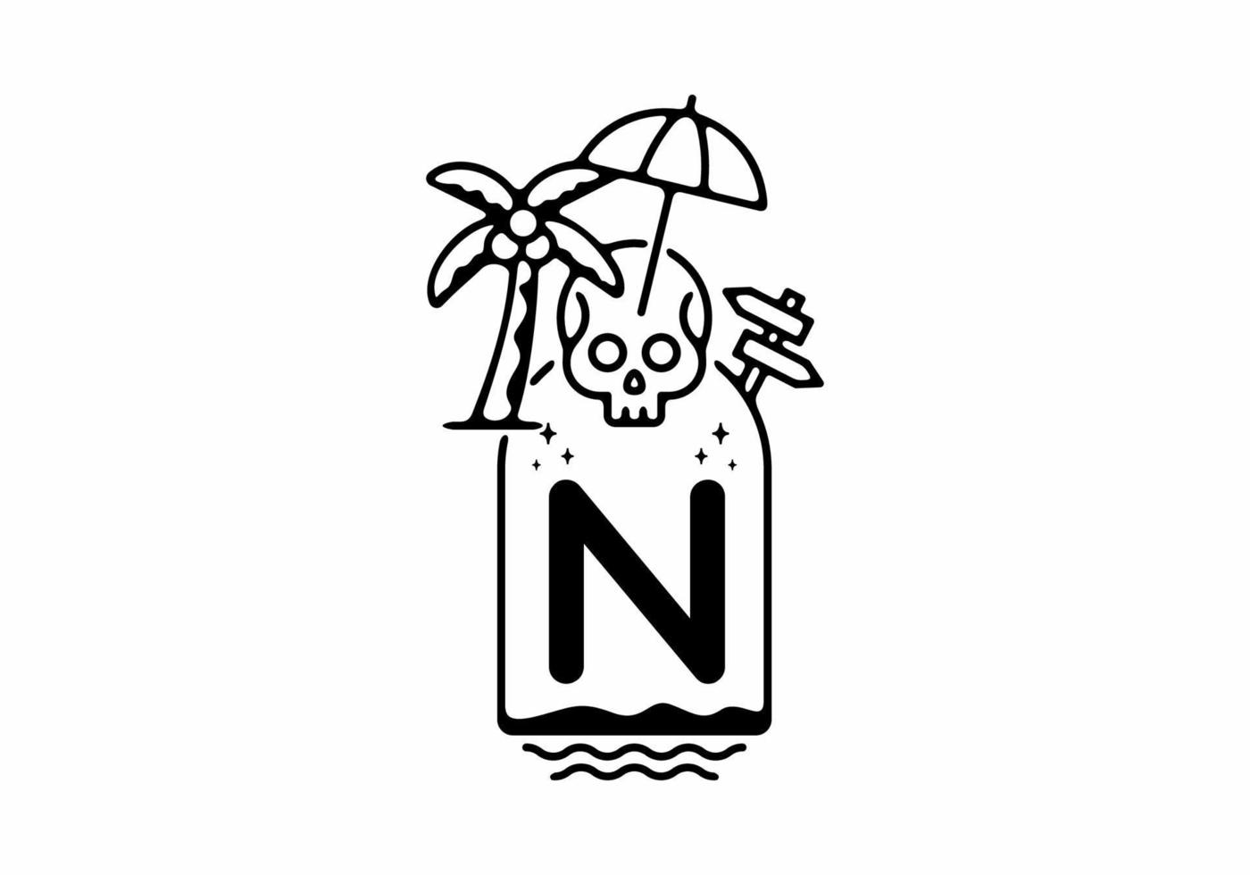 Black line art illustration of skull beach with N initial letter vector