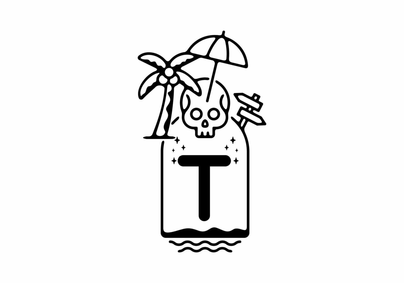 Black line art illustration of skull beach with T initial letter vector
