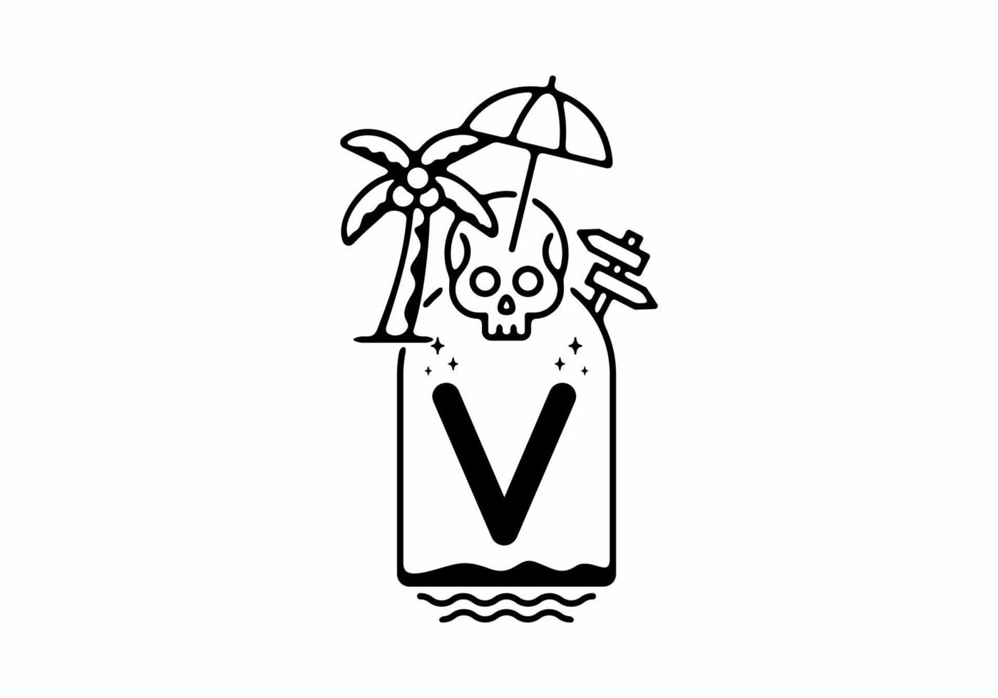 Black line art illustration of skull beach with V initial letter vector