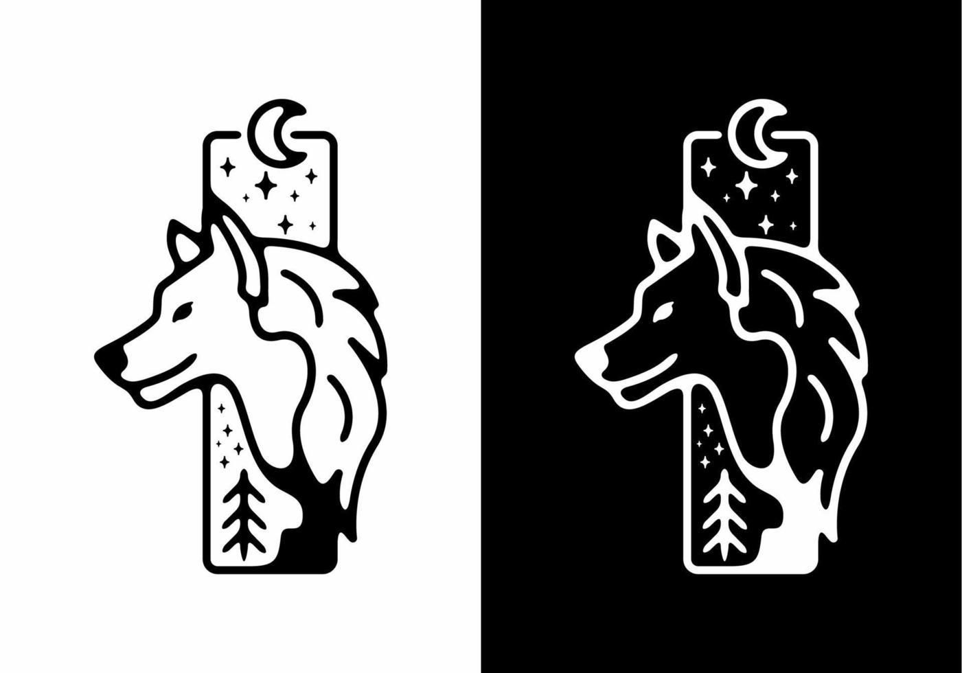 Black line art illustration of wild wolf in stand rectangle shape vector