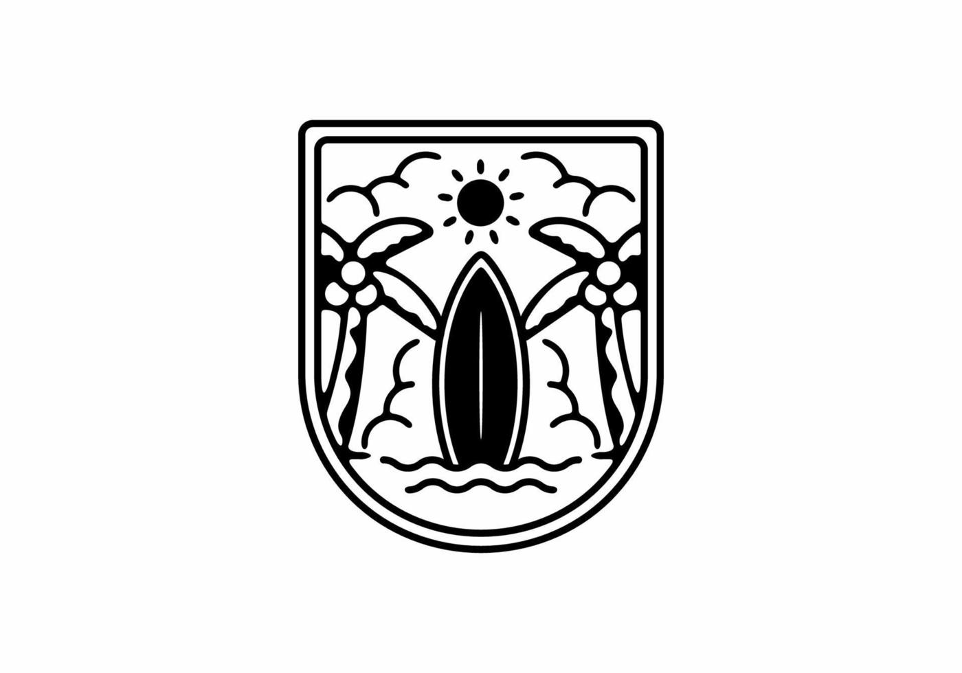 Black line art illustration of surfing badge vector