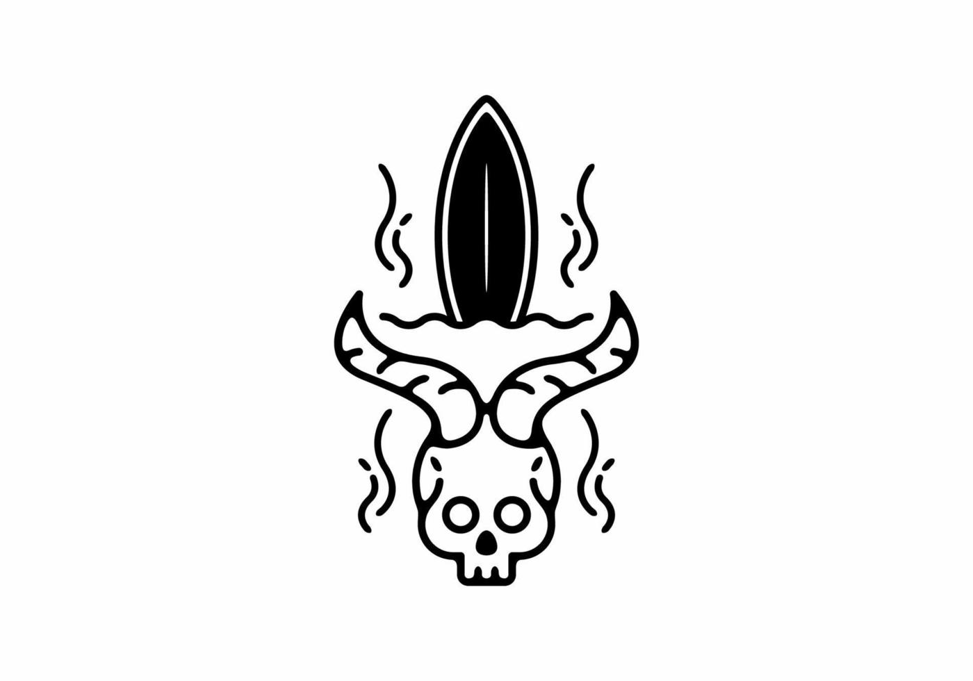 Black line art illustration of surfing board and skull with horn vector