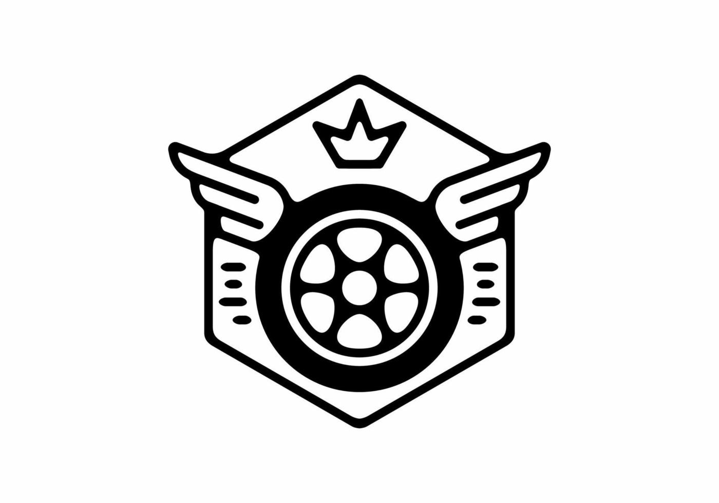 Black line art illustration of tire with wings and crown vector