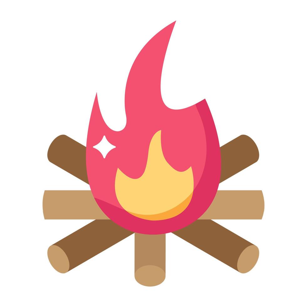 Campfire, wood logs with fire flame icon in isometric design. vector