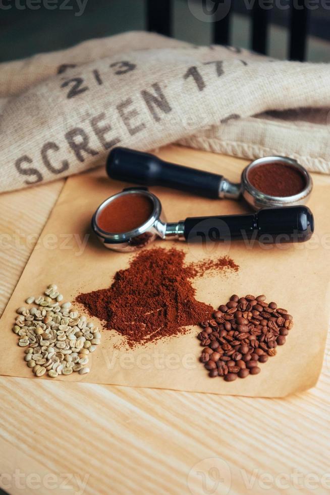 green, roasted, ground and instant coffee. photo