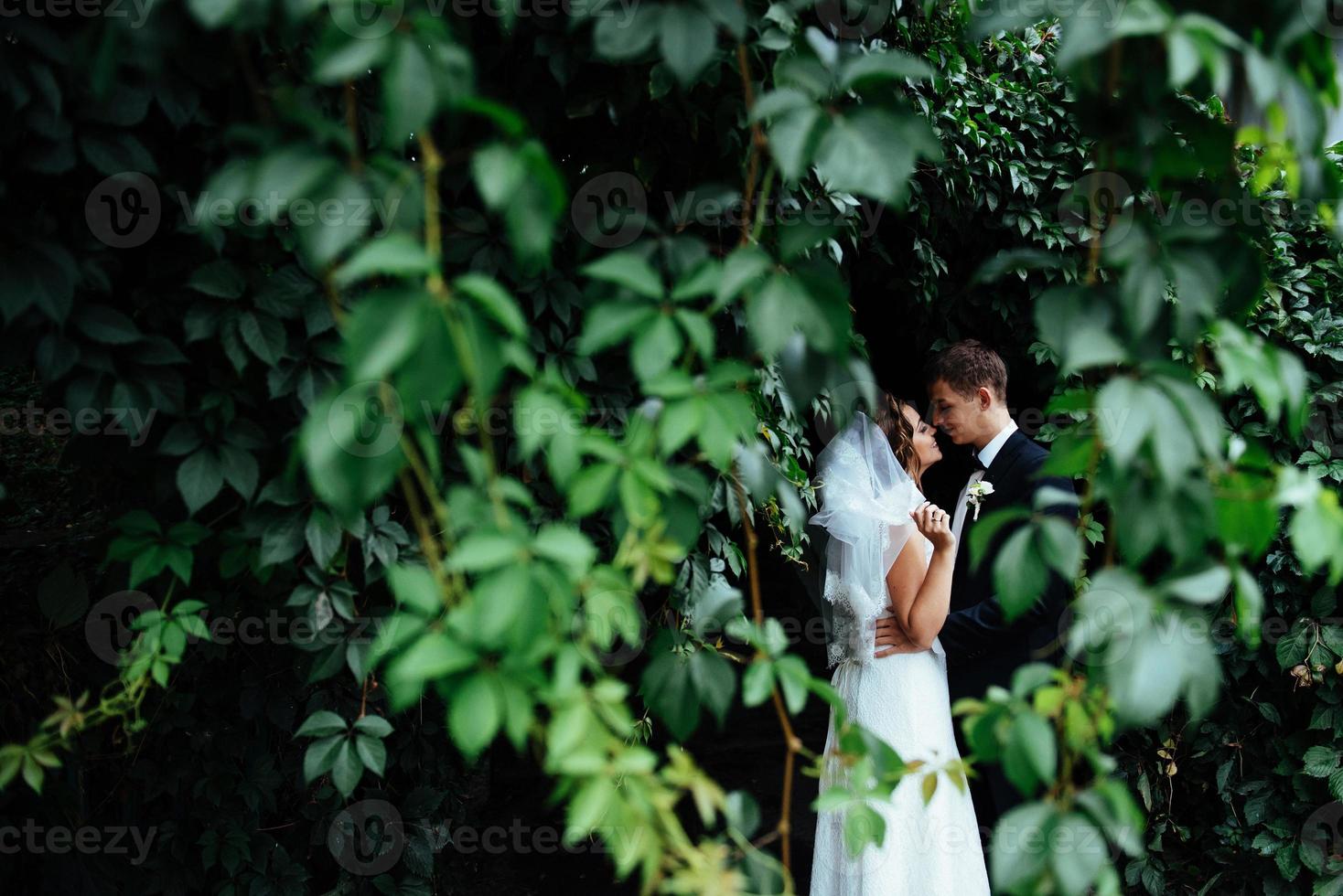 beautiful young wedding couple kissing , blonde bride with flowe photo