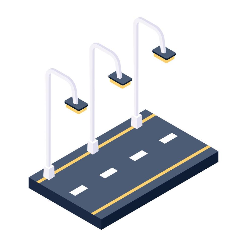 luces de carretera que representan la carretera nocturna en un icono isométrico vector