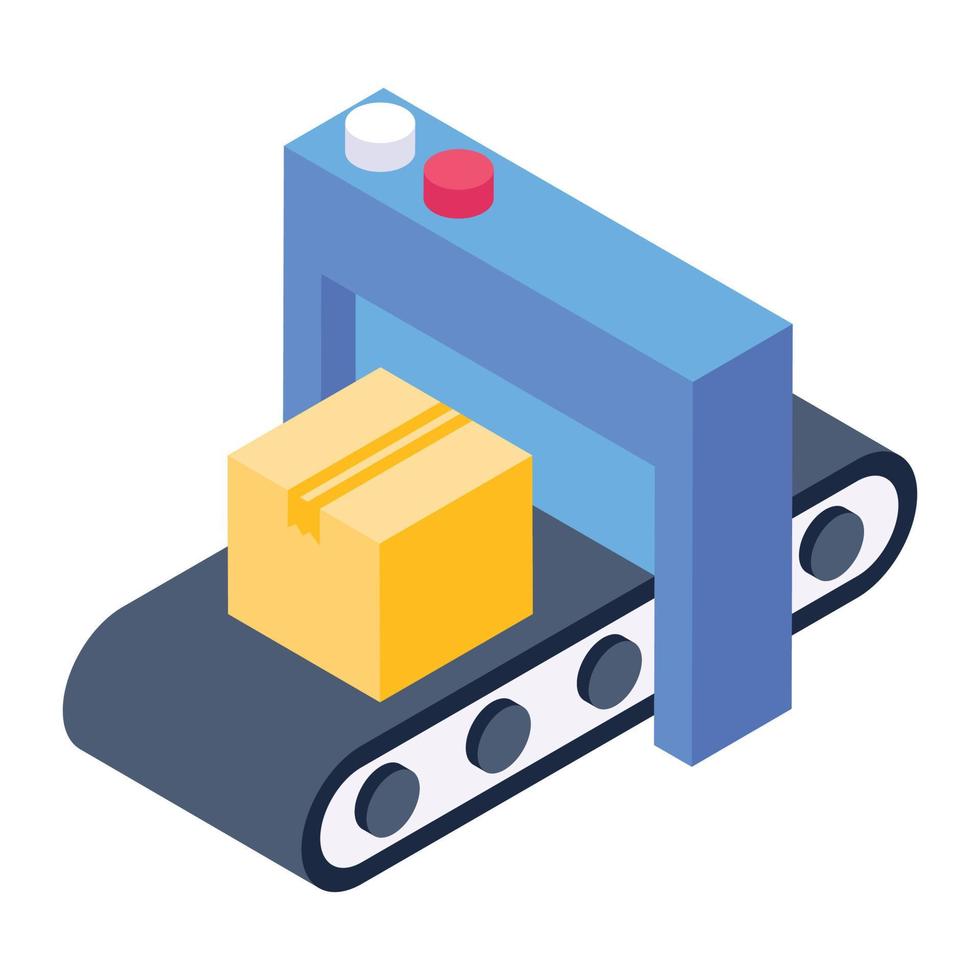 Transportation of products via conveyor belt, isometric icon vector