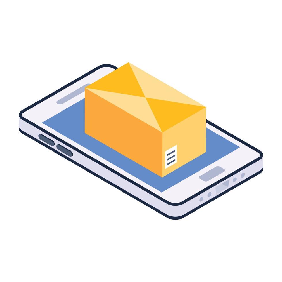 Parcel on a phone, mobile logistics app isometric icon vector