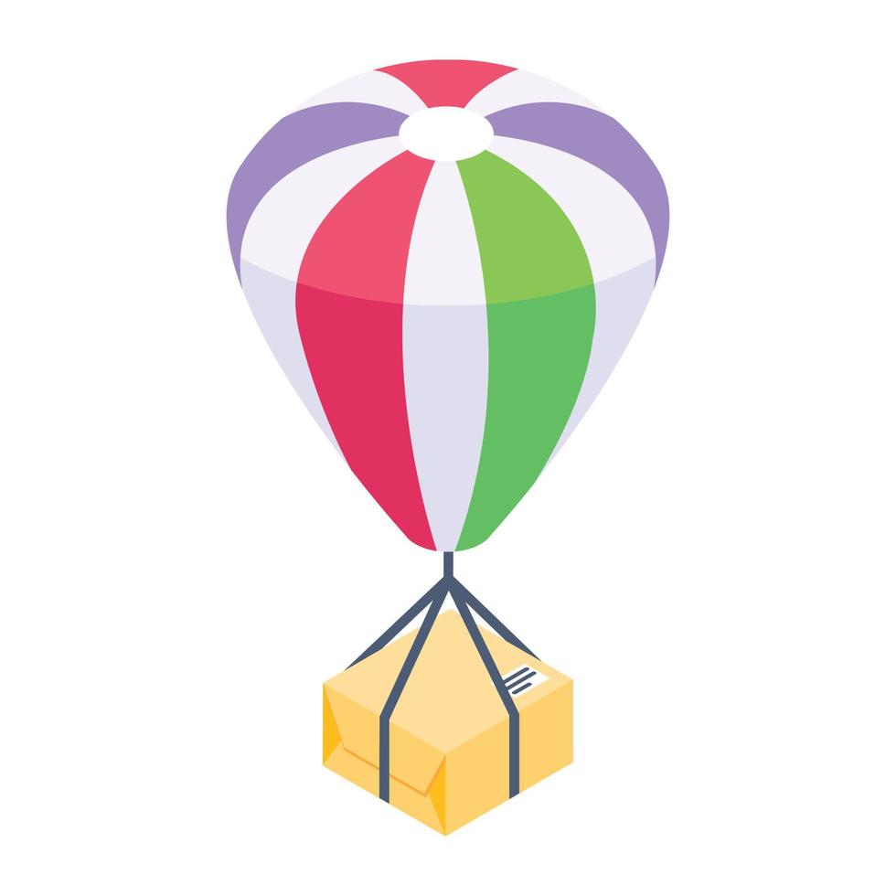 Air balloon with parcel, balloon delivery isometric icon vector