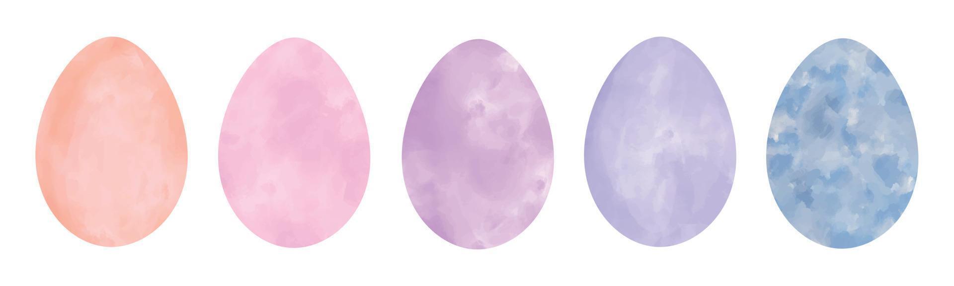 Set of Watercolor textured vector pastel Easter eggs. Hand painted spring water colour clip art elements collection isolated on white background. Beige, pink, purple, blue aquarelle color spring eggs.