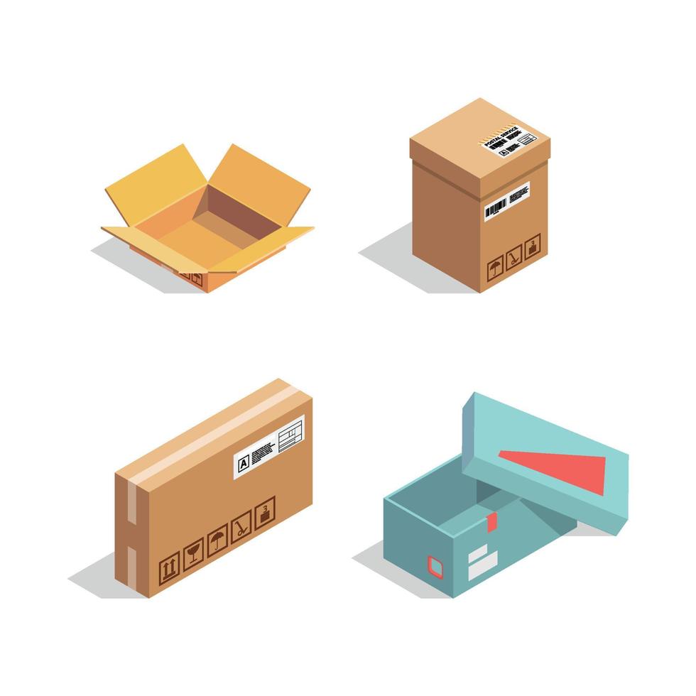 cajas isométricas paquetes de cartón contenedor cerrado abierto caja de cartones de envío vector