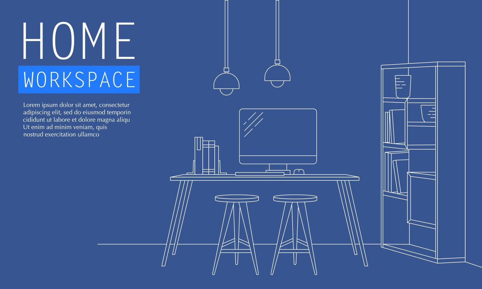 Vector illustration of home workspace in outlined style. Suitable for design element of work from home and house office. Desktop workspace for freelancer background.