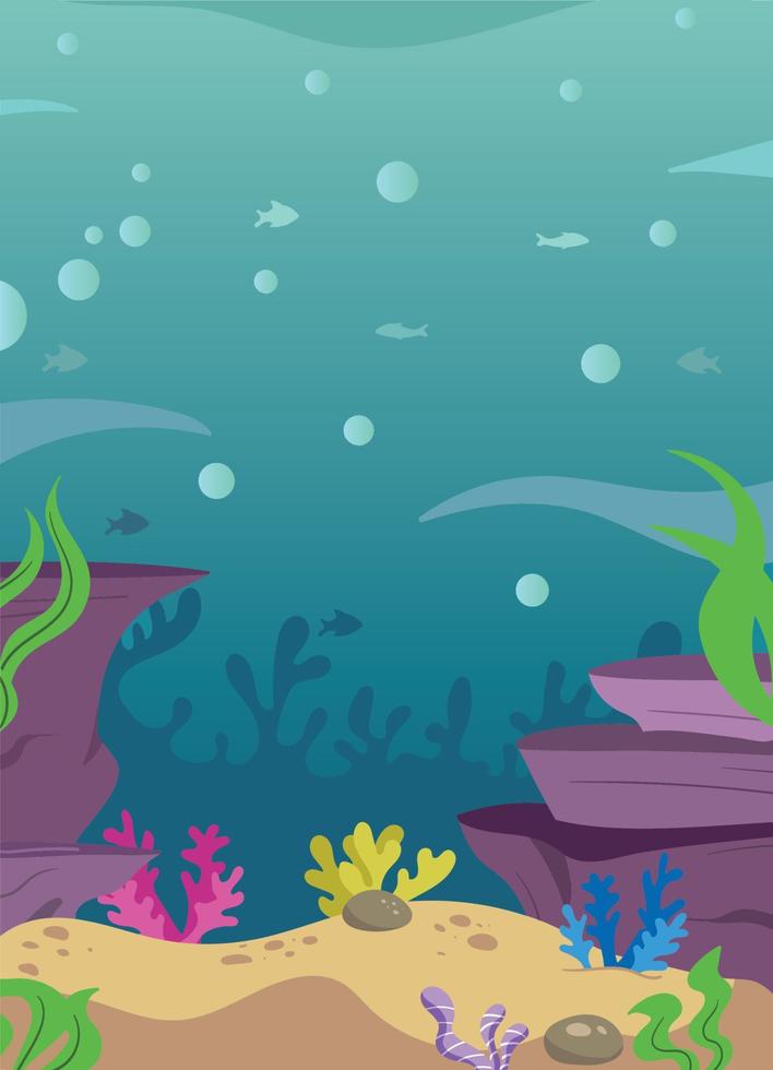 escena acuática submarina con corales plantas rocas arena. escena de fondo del océano. vector