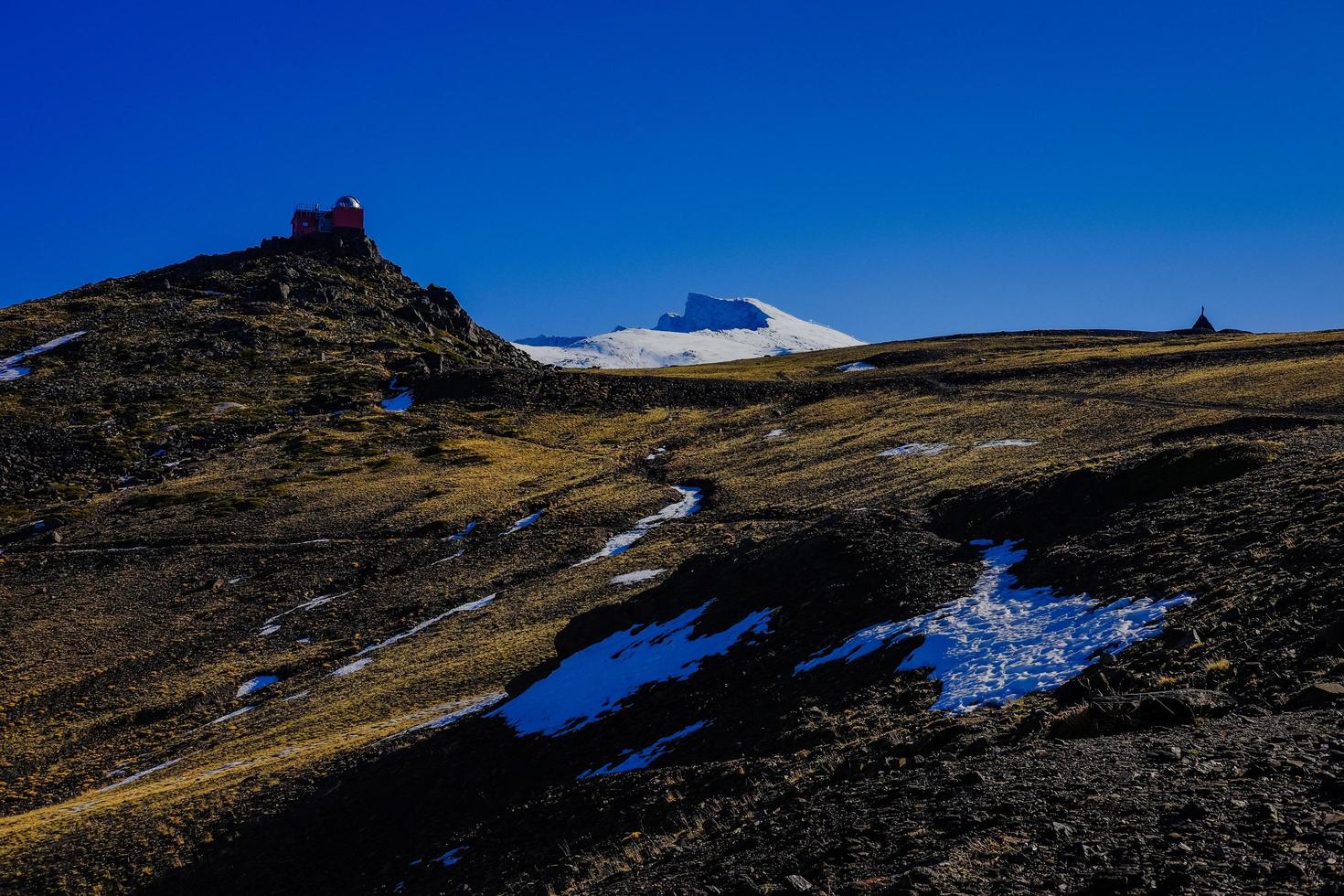 Beautiful landscape snow covered mountains and blue sky photo