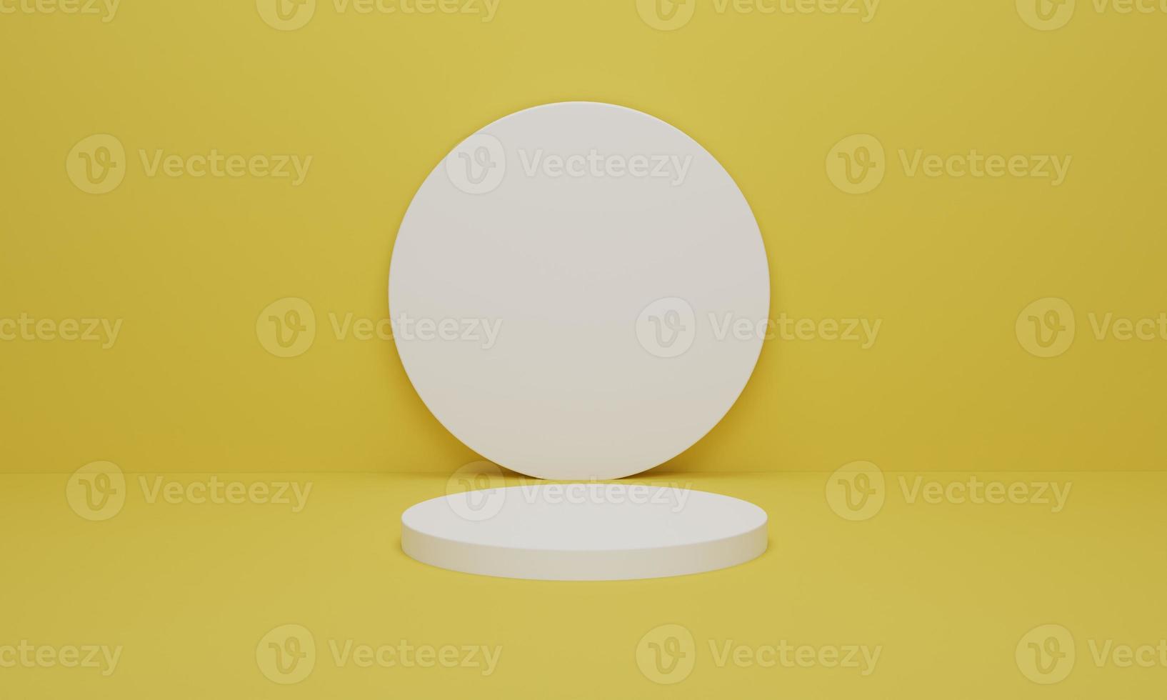 White cylinder podium on yellow background minimal scene with yellow geometric platform. Podium stand for products display. 3d render, 3d illustration. photo