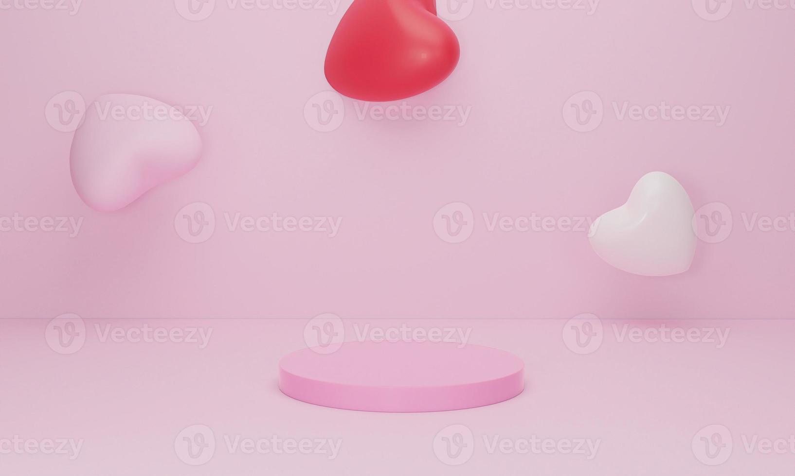 3d render. Heart on pink podium on pastel background. Abstract minimal geometric shapes backdrop for valentine day design composition photo