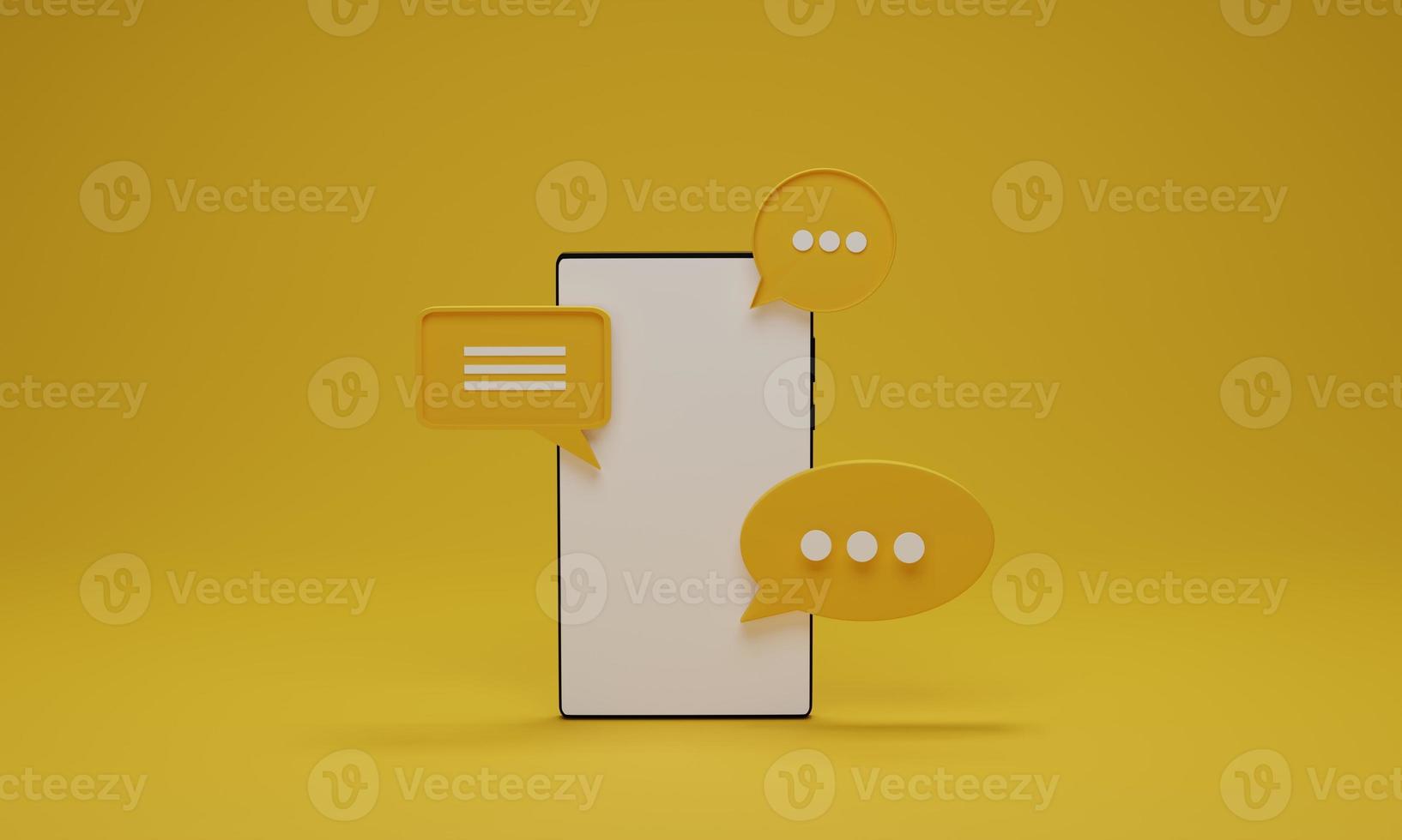 Mobile smartphone and chat bubbles on yellow background. Mockup minimal for social media, messages or SMS. 3D rendering Illustration. photo