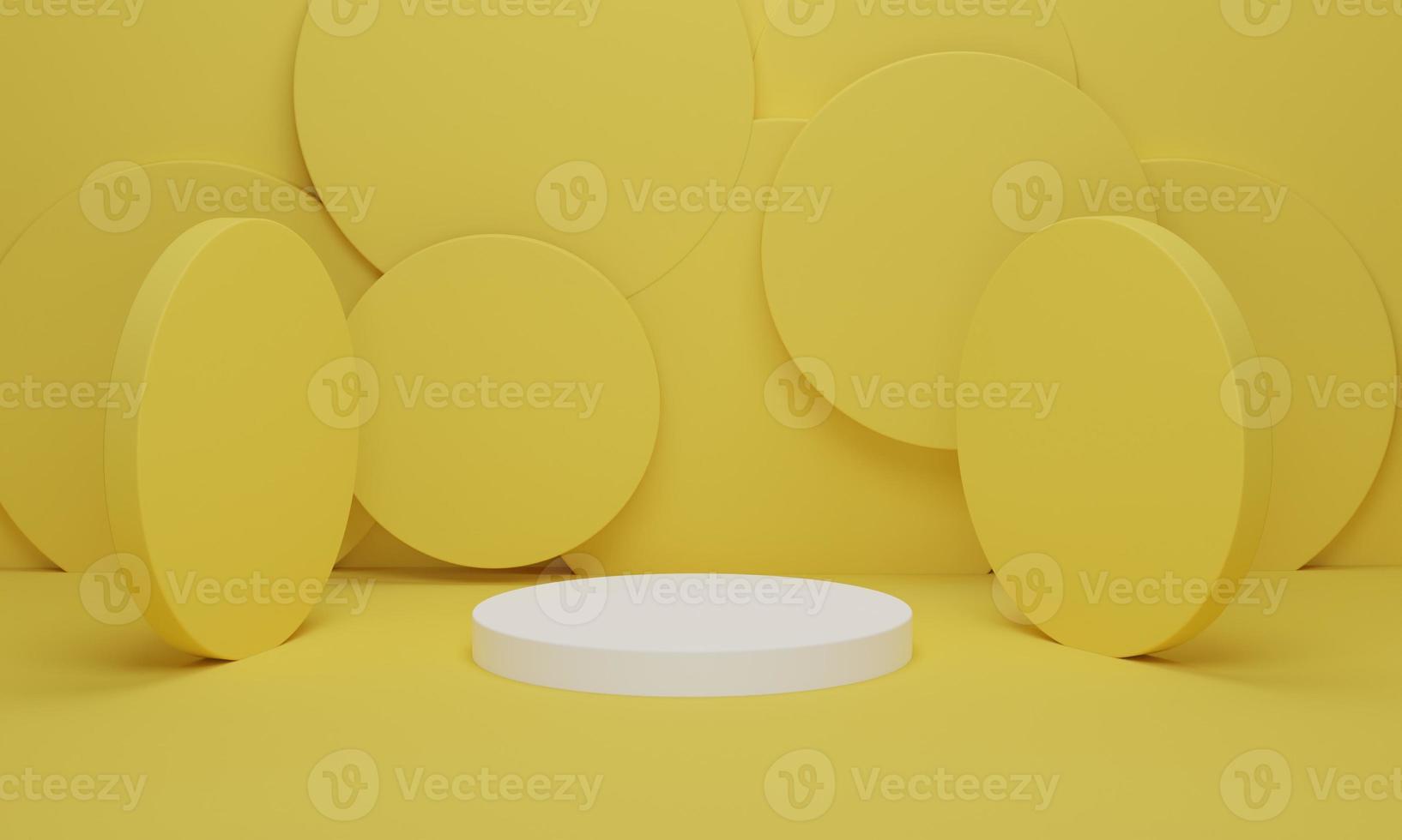 White cylinder podium on yellow background minimal scene with yellow geometric platform. Podium stand for products display. 3d render, 3d illustration. photo