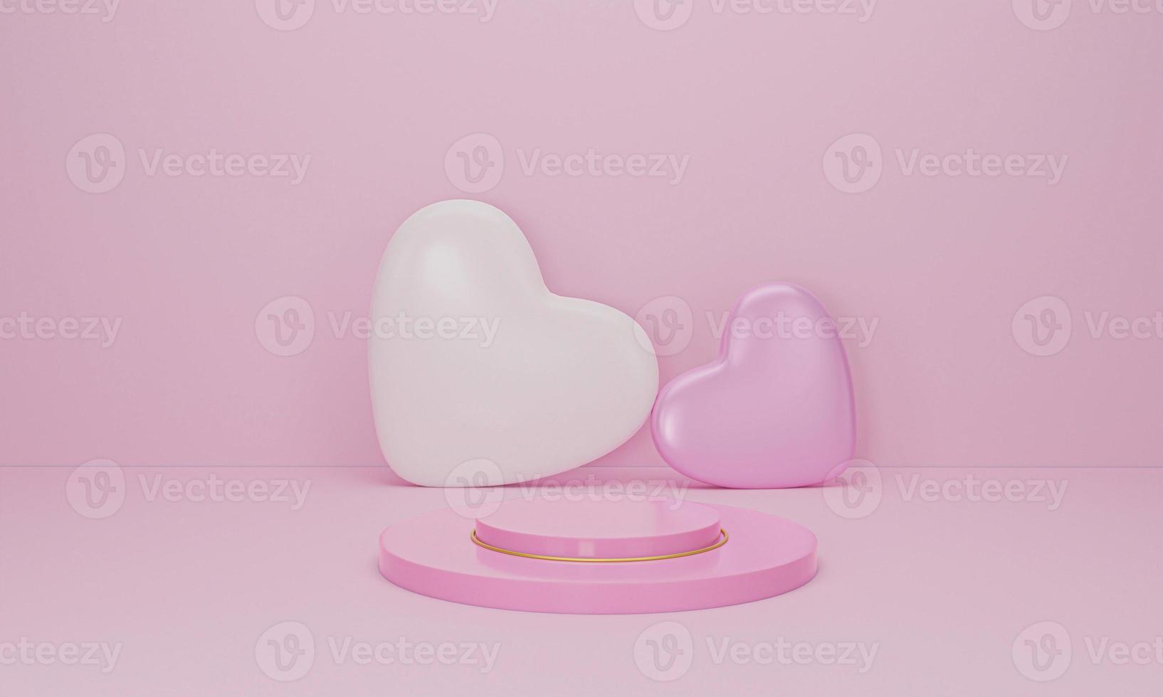3d render. Heart on pink podium on pastel background. Abstract minimal geometric shapes backdrop for valentine day photo