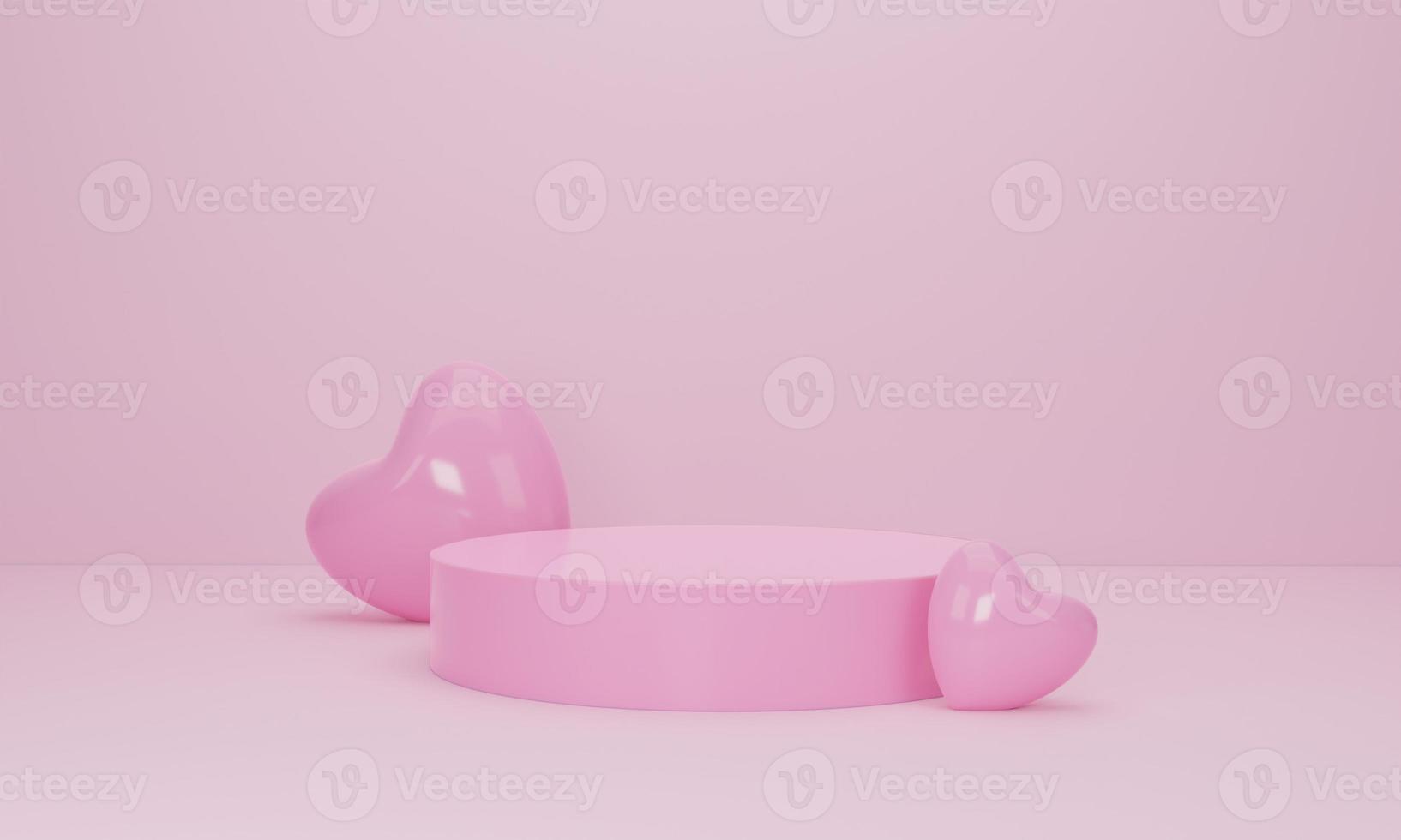 3d render. Pink heart and podium stand to show product display on pastel color background. photo