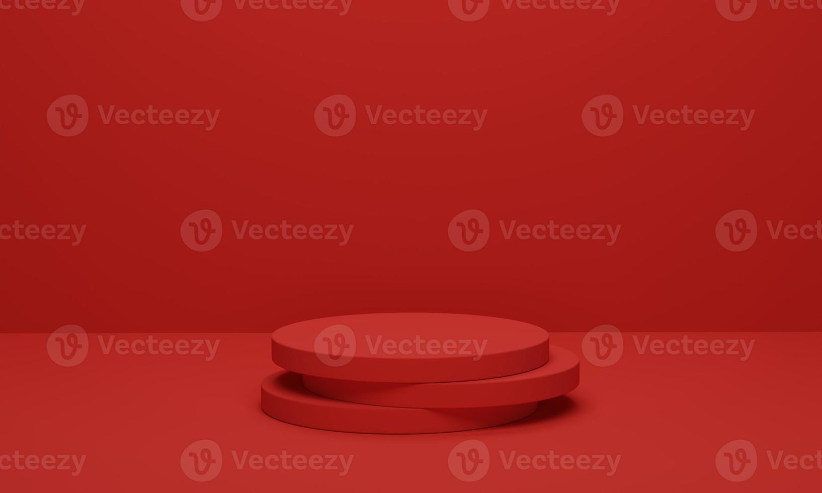 Cylinder podium on red background. Abstract minimal scene geometric platform. Shaped podium for products display. 3d render, 3d illustration. photo